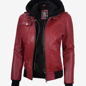 Women's Red Lambskin Jacket with Removable Hood