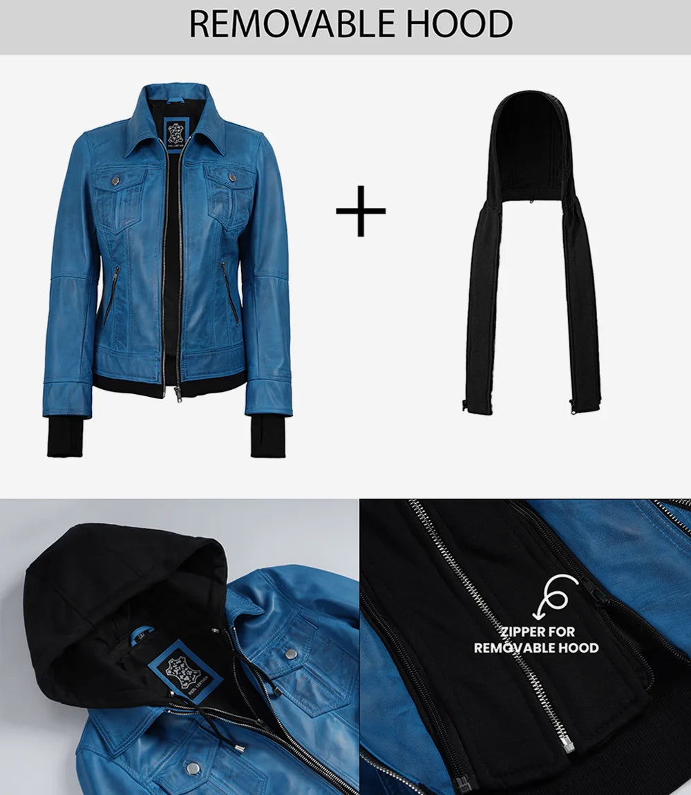 Women's Vivid Blue Lambskin Leather Jacket - Removable Hood - Image 7