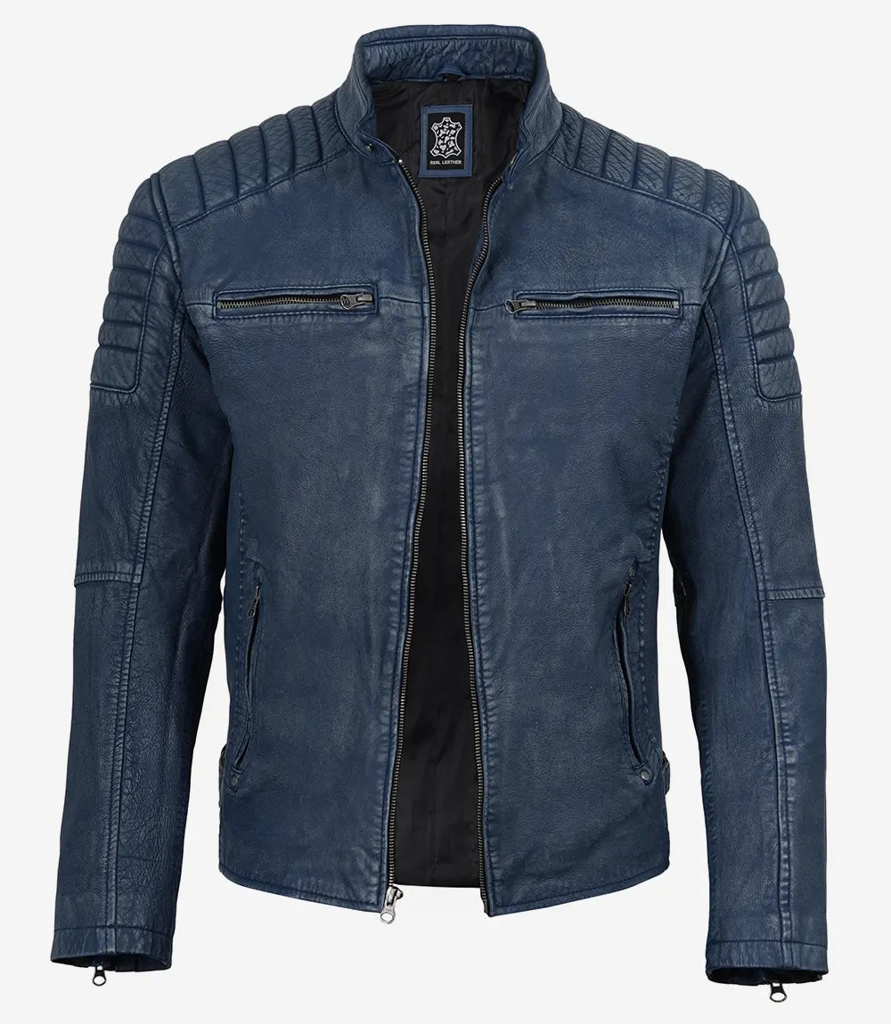 Men's Washed Blue Distressed Lambskin Biker Jacket - Image 3