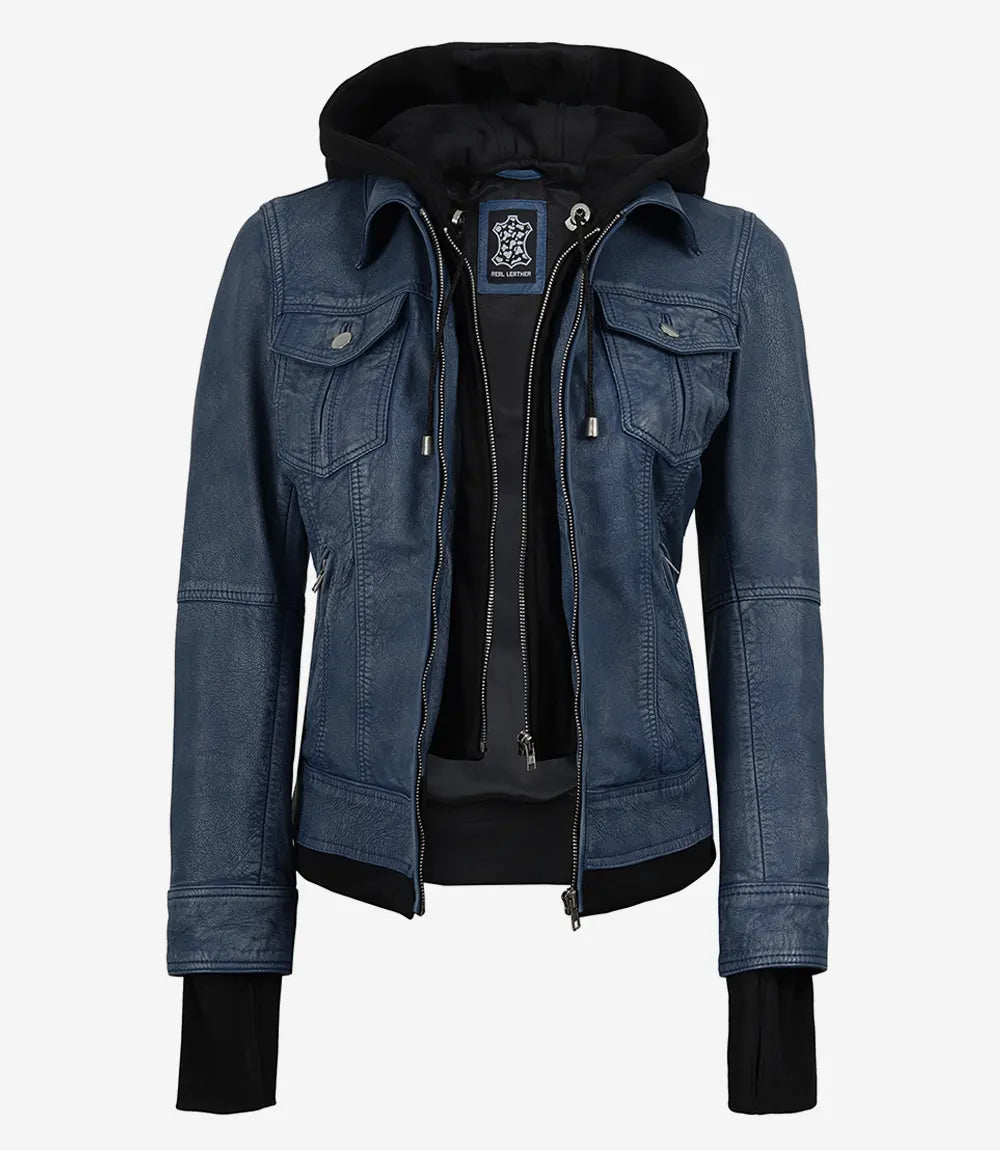Women's Blue Leather Jacket with Removable Hood - Washed Denim Look - Image 5