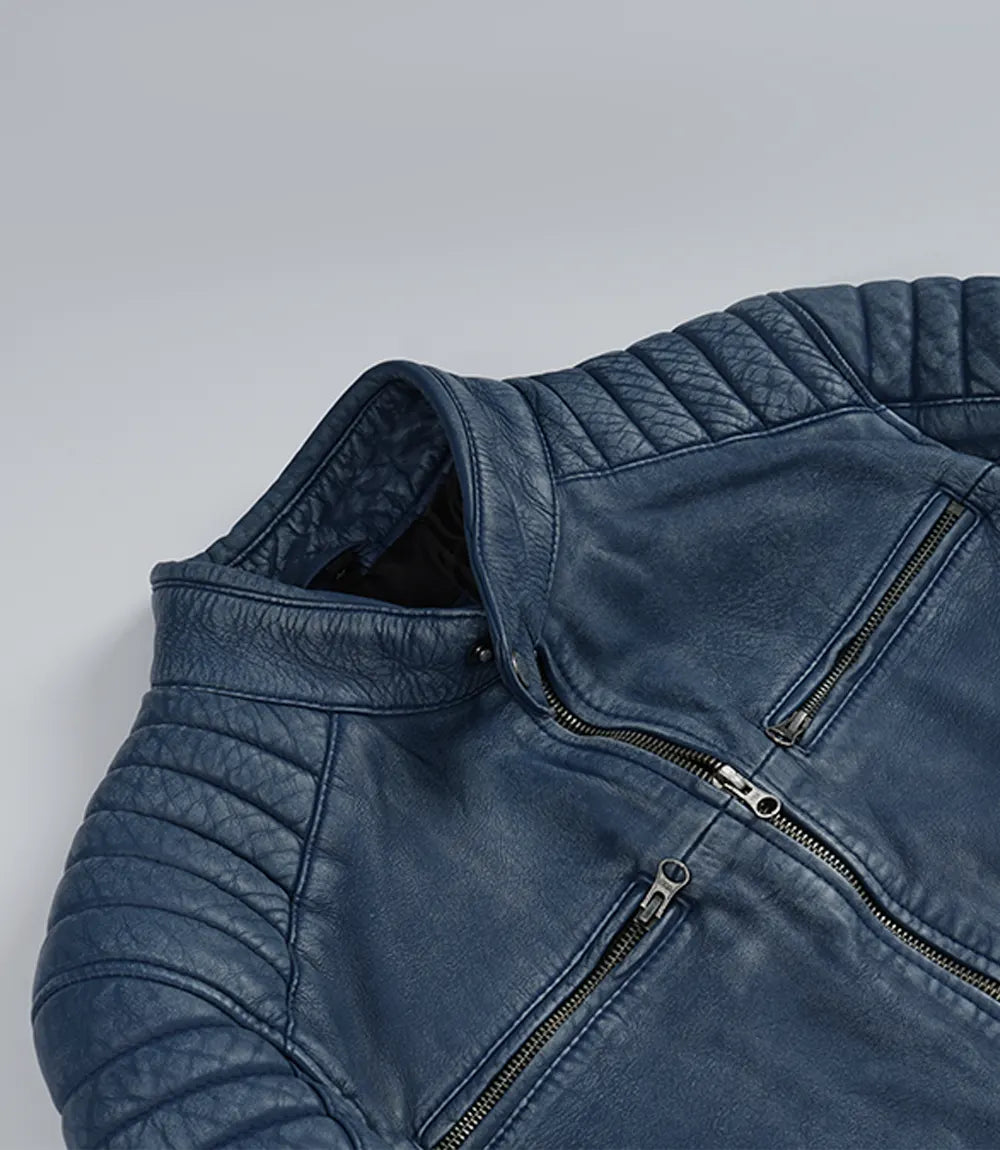 Men's Washed Blue Distressed Lambskin Biker Jacket - Image 6