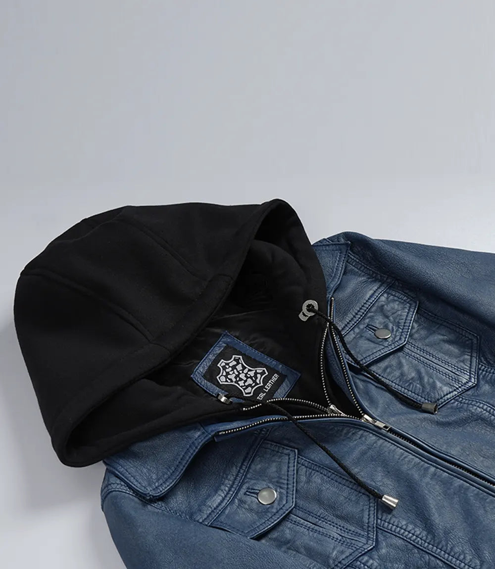 Women's Blue Leather Jacket with Removable Hood - Washed Denim Look - Image 9