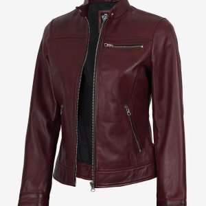 Women's Burgundy Wax Lambskin Cafe Racer Jacket