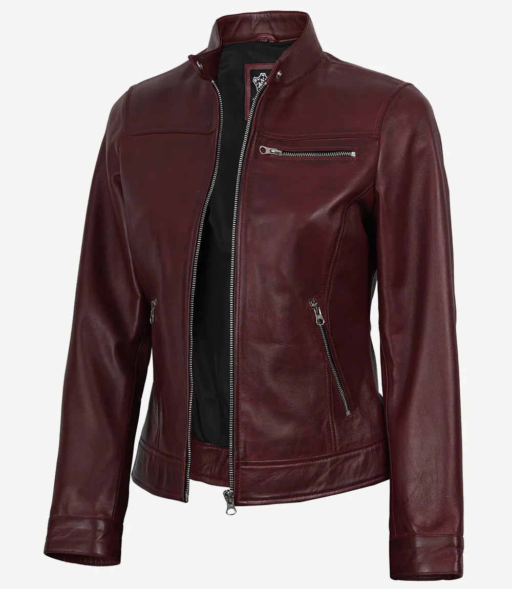 Women's Burgundy Wax Lambskin Cafe Racer Jacket