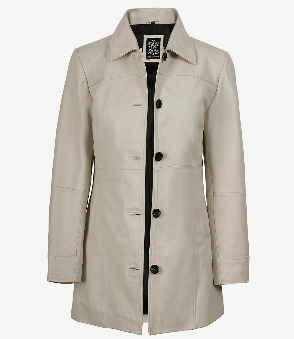 Women's Off-White Lambskin 3/4 Length Car Coat - Image 3