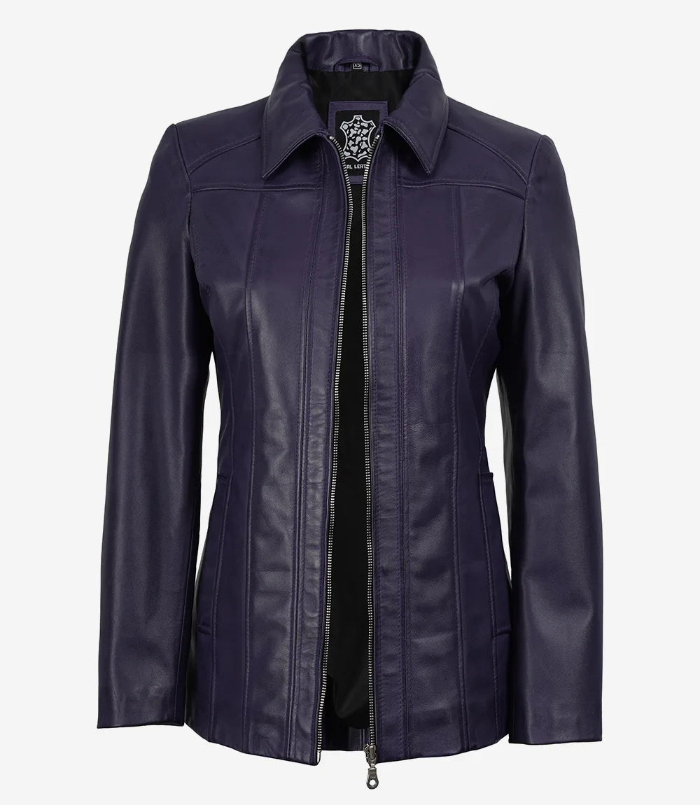 Women's Purple 3/4 Length Lambskin Coat with Shirt Collar - Image 3