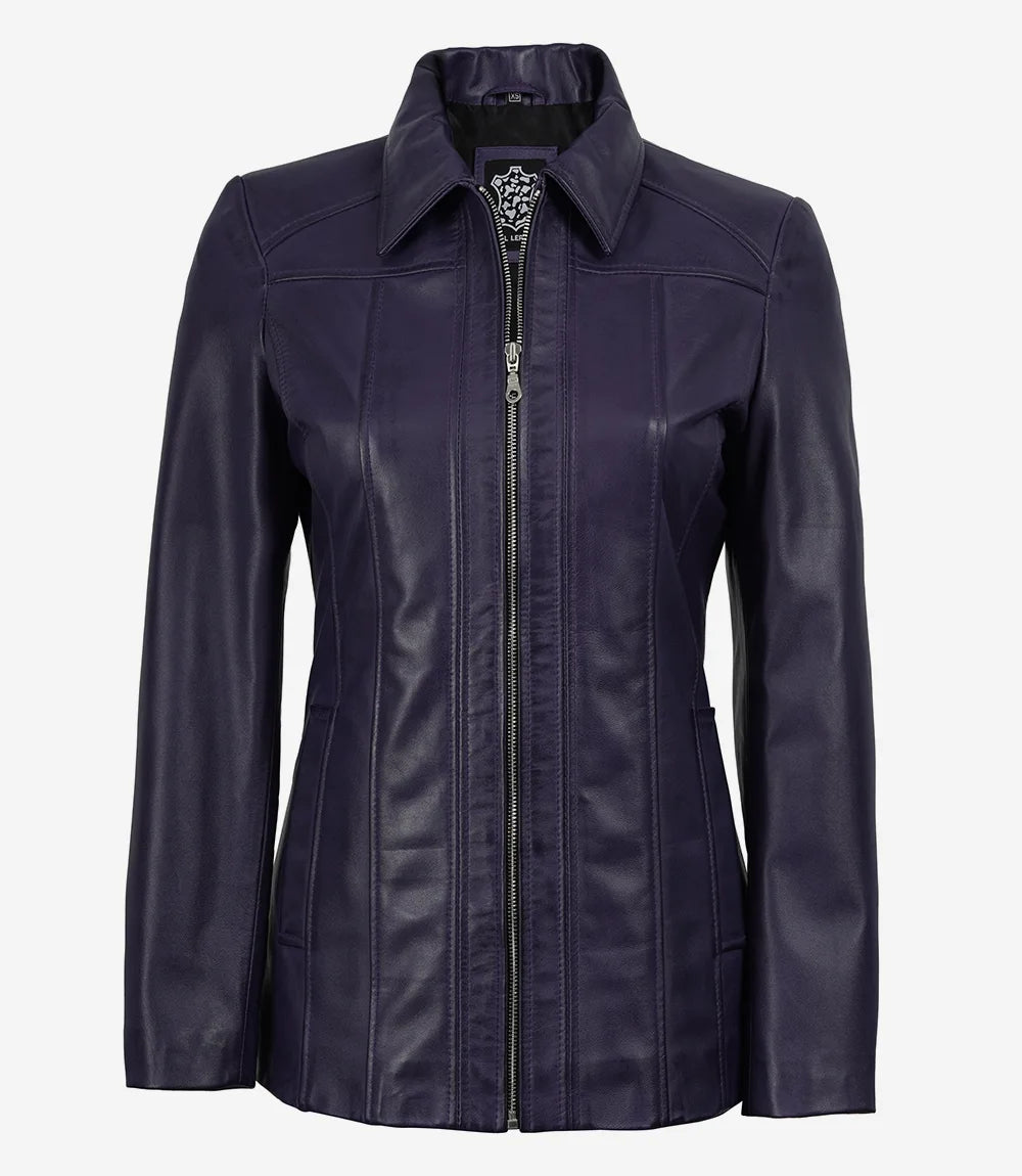 Women's Purple 3/4 Length Lambskin Coat with Shirt Collar - Image 4