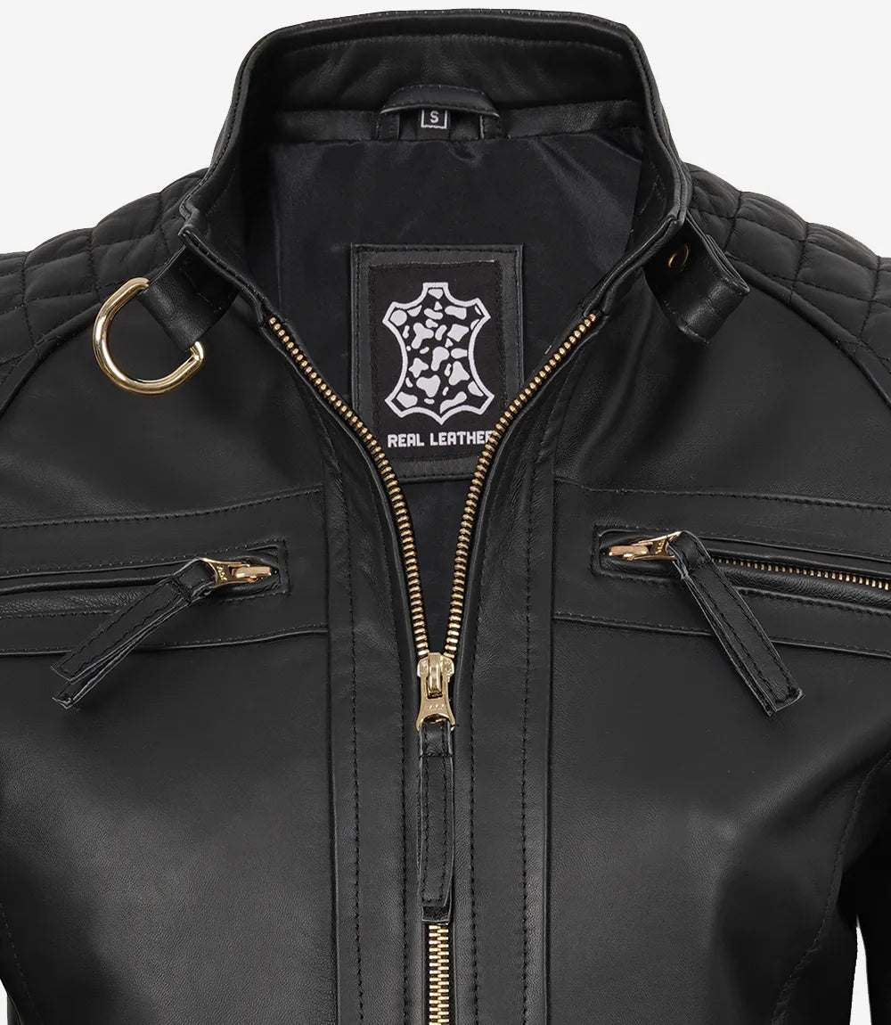 Women's Black Quilted Lambskin Biker Jacket — Gold Zippers & Snap Cuffs - Image 5