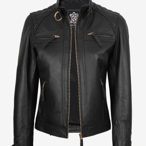 Women's Black Quilted Lambskin Biker Jacket — Gold Zippers & Snap Cuffs