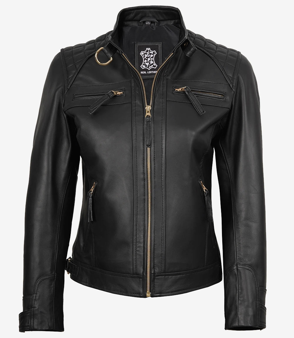 Women's Black Quilted Lambskin Biker Jacket — Gold Zippers & Snap Cuffs - Image 4