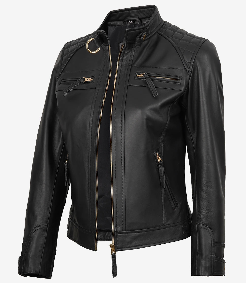 Women's Black Quilted Lambskin Biker Jacket — Gold Zippers & Snap Cuffs - Image 3
