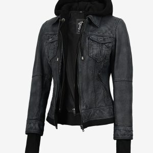 Women's Washed Black Lambskin Bomber Jacket with Removable Hood