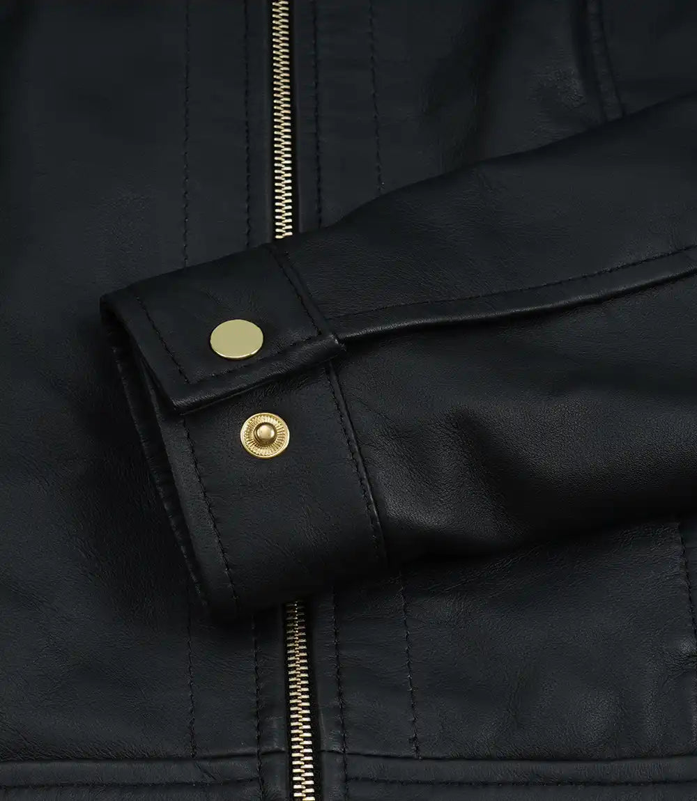 Women's Black Lambskin Harrington Jacket — Gold Hardware & Accents - Image 5
