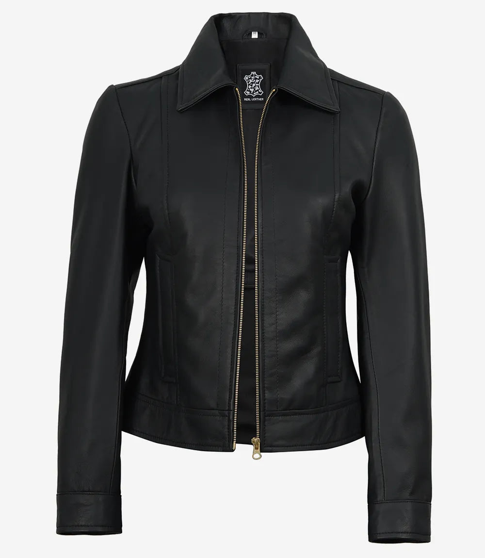 Women's Black Lambskin Harrington Jacket — Gold Hardware & Accents - Image 3