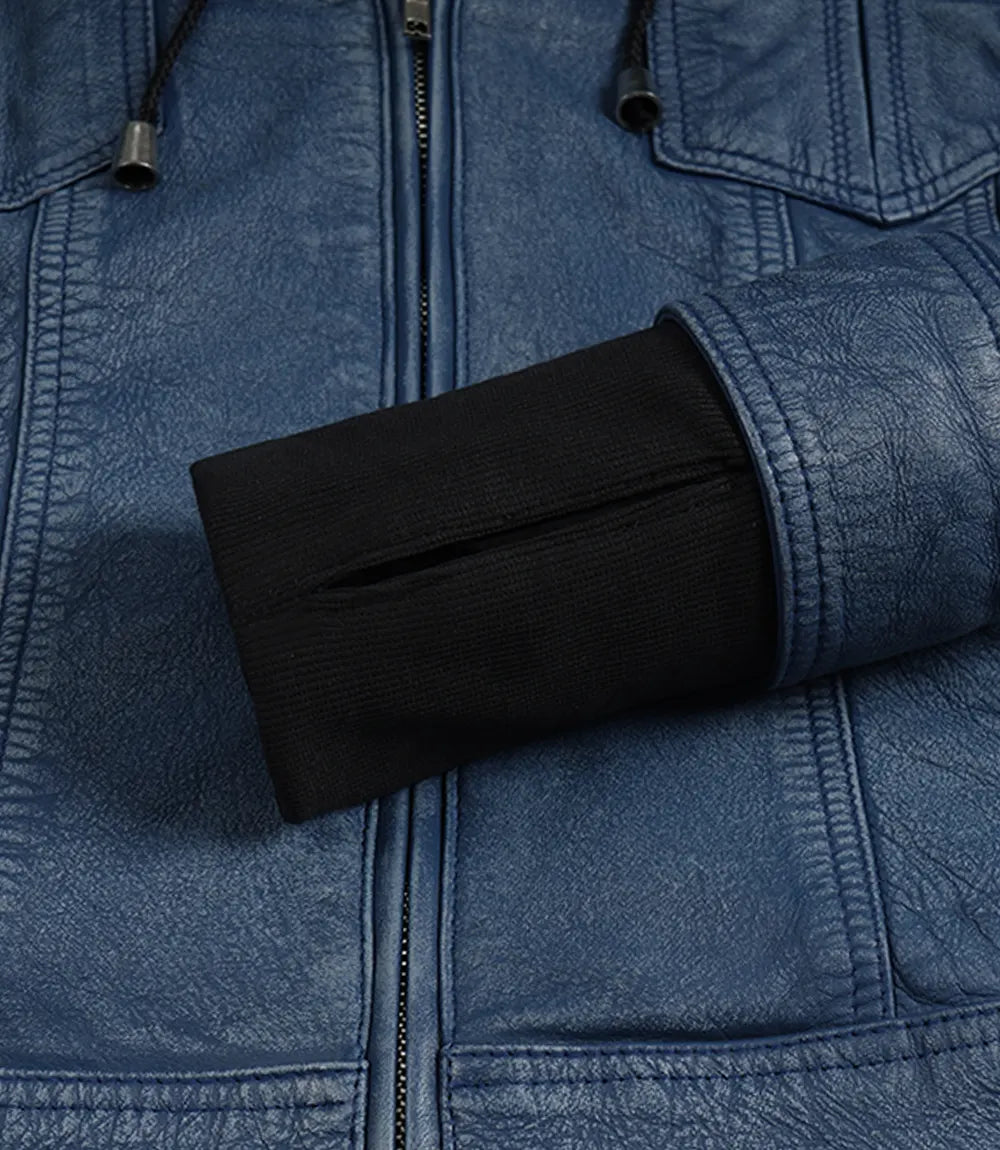 Women's Blue Leather Jacket with Removable Hood - Washed Denim Look - Image 8