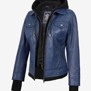 Women's Blue Lambskin Bomber Jacket with Removable Hood