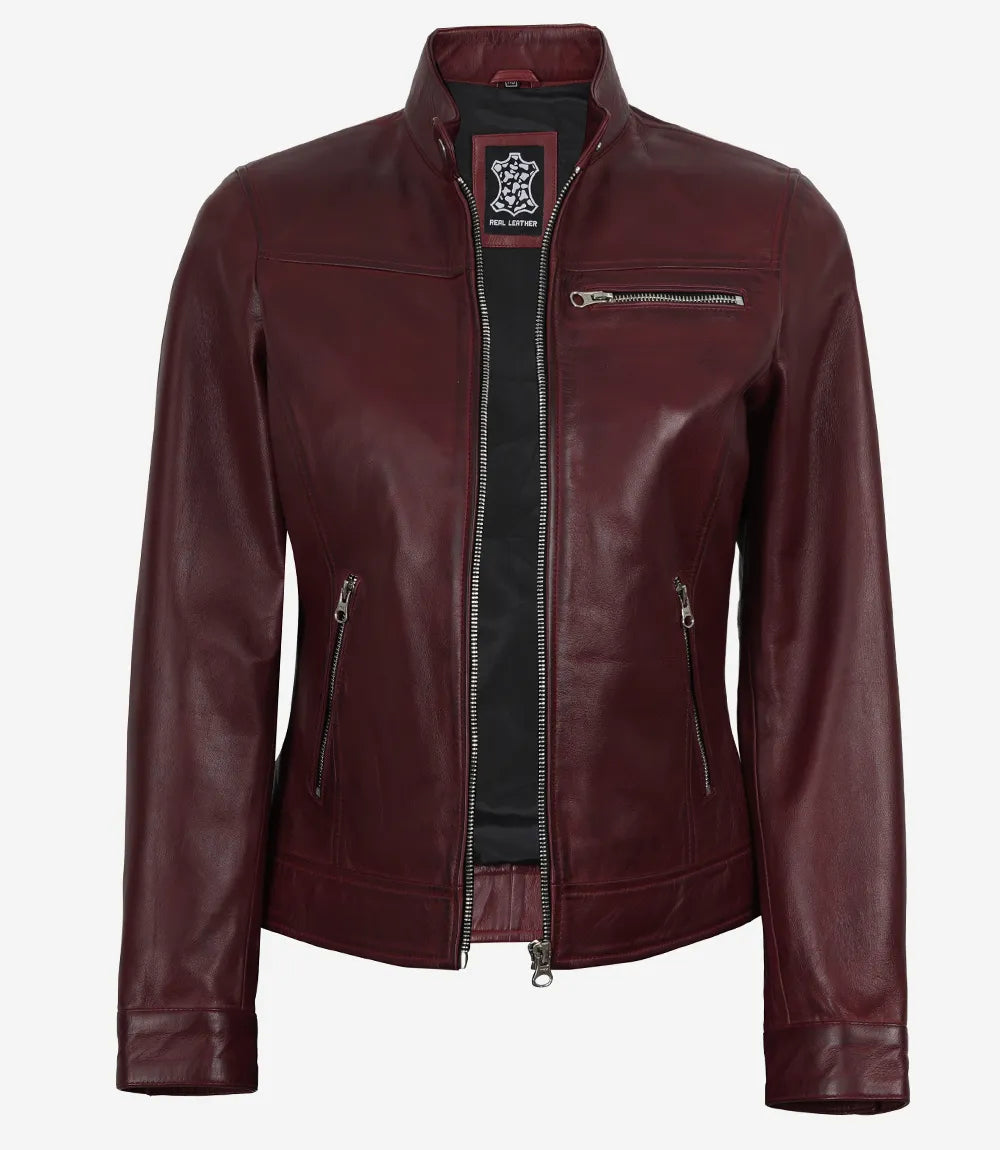 Women's Burgundy Wax Lambskin Cafe Racer Jacket - Image 3