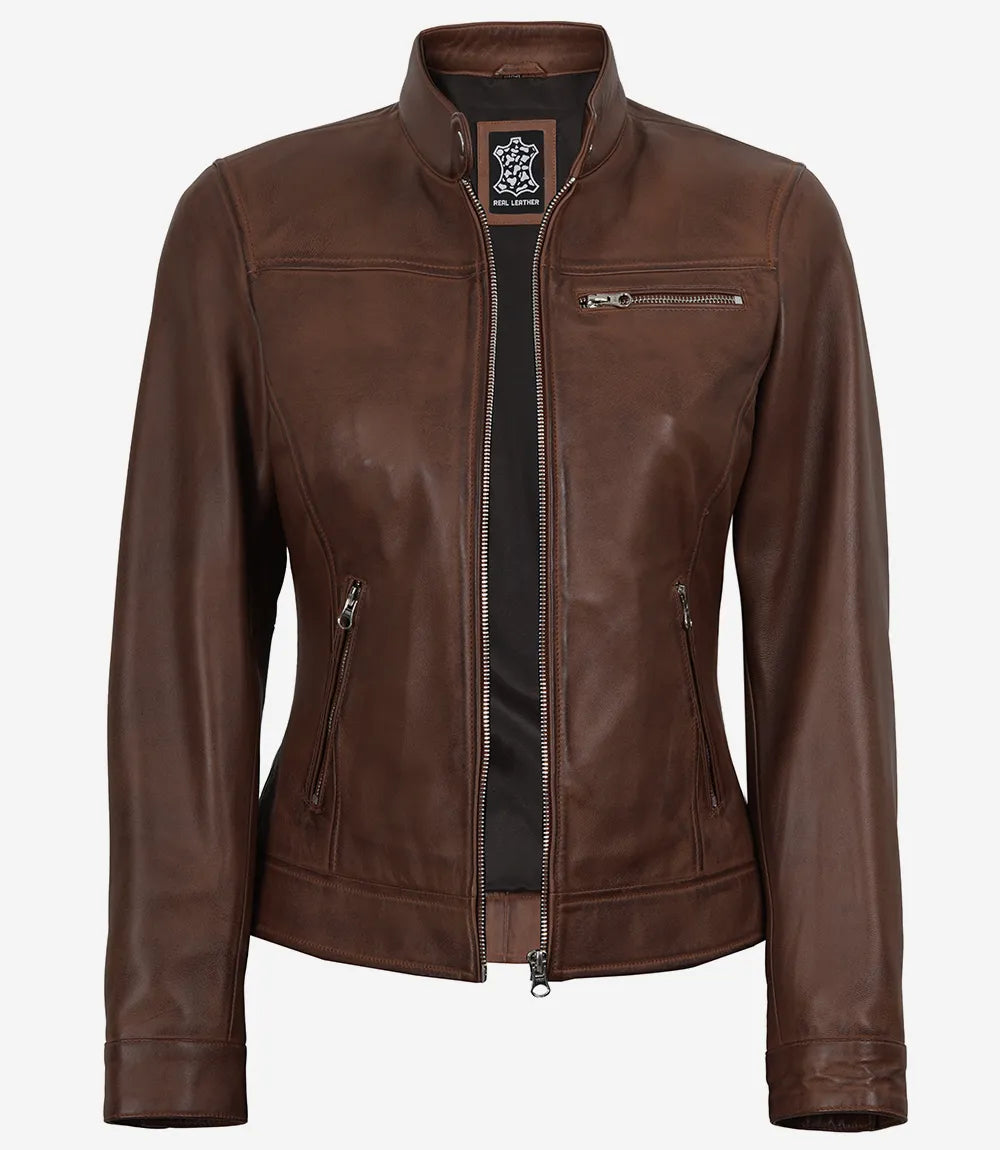 Women's Cognac Wax Cafe Racer Style Leather Jacket - Image 2