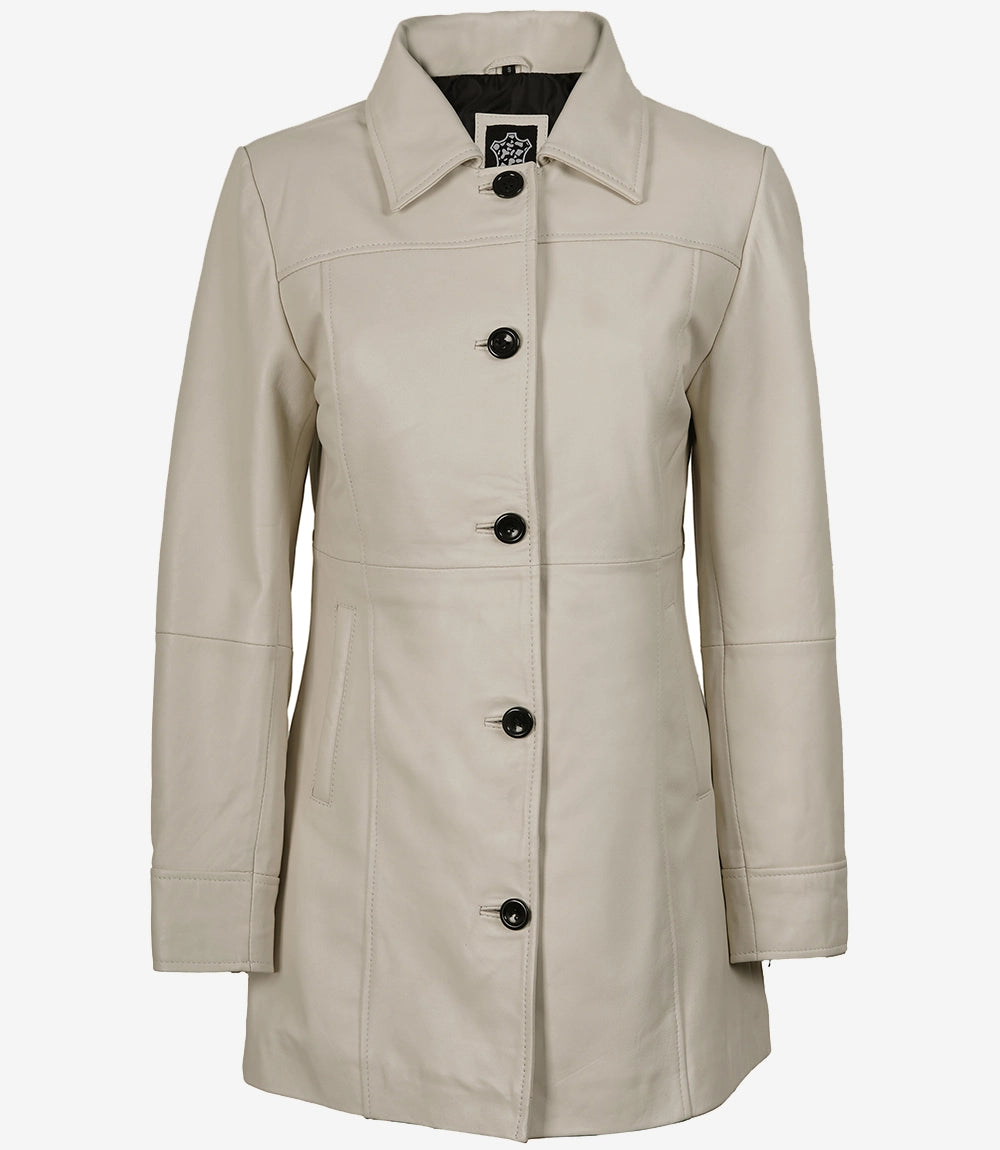 Women's Off-White Lambskin 3/4 Length Car Coat - Image 4