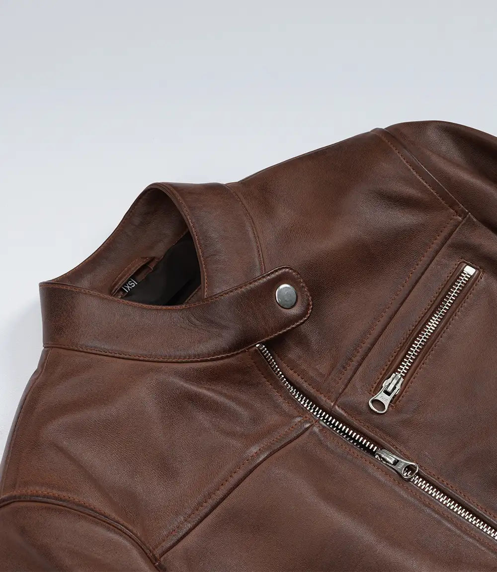 Women's Cognac Wax Cafe Racer Style Leather Jacket - Image 5