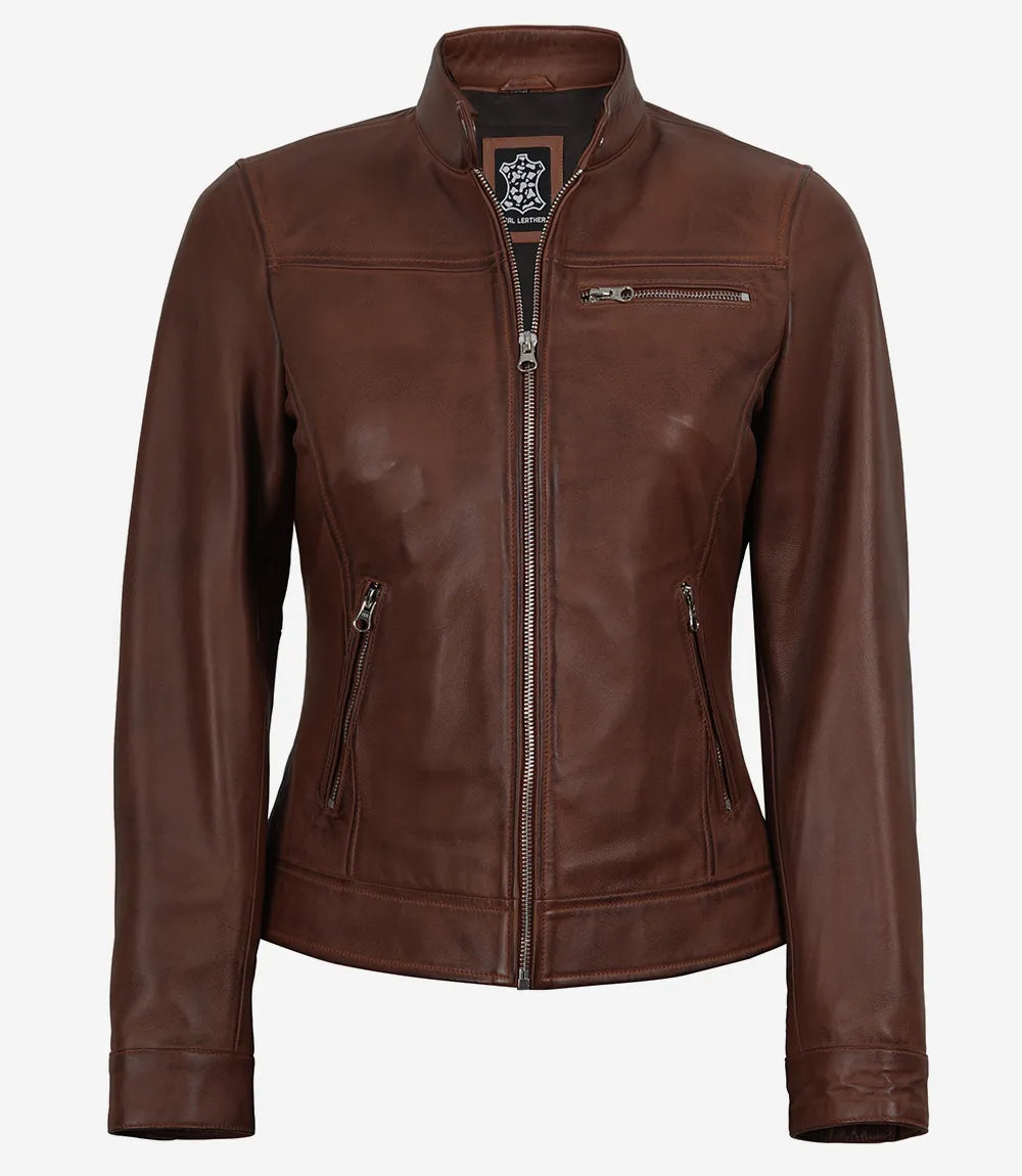 Women's Cognac Wax Cafe Racer Style Leather Jacket - Image 3