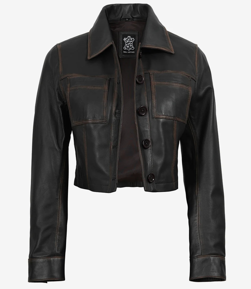 Women's Dark Brown Cropped Harrington Leather Jacket - Image 2