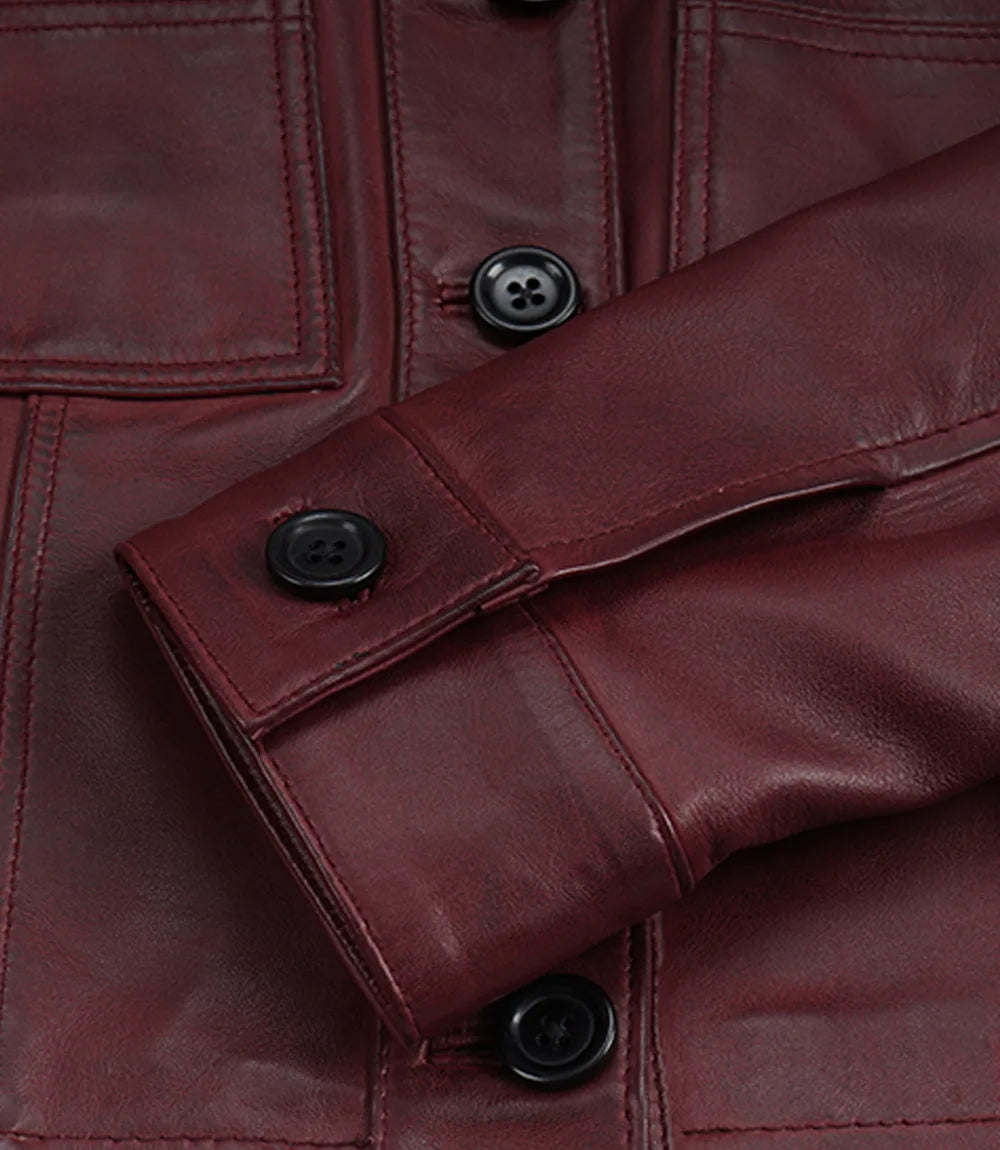 Women's Burgundy Wax Cropped Harrington Leather Jacket - Image 4