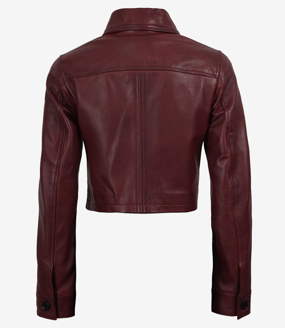 Women's Burgundy Wax Cropped Harrington Leather Jacket - Image 6