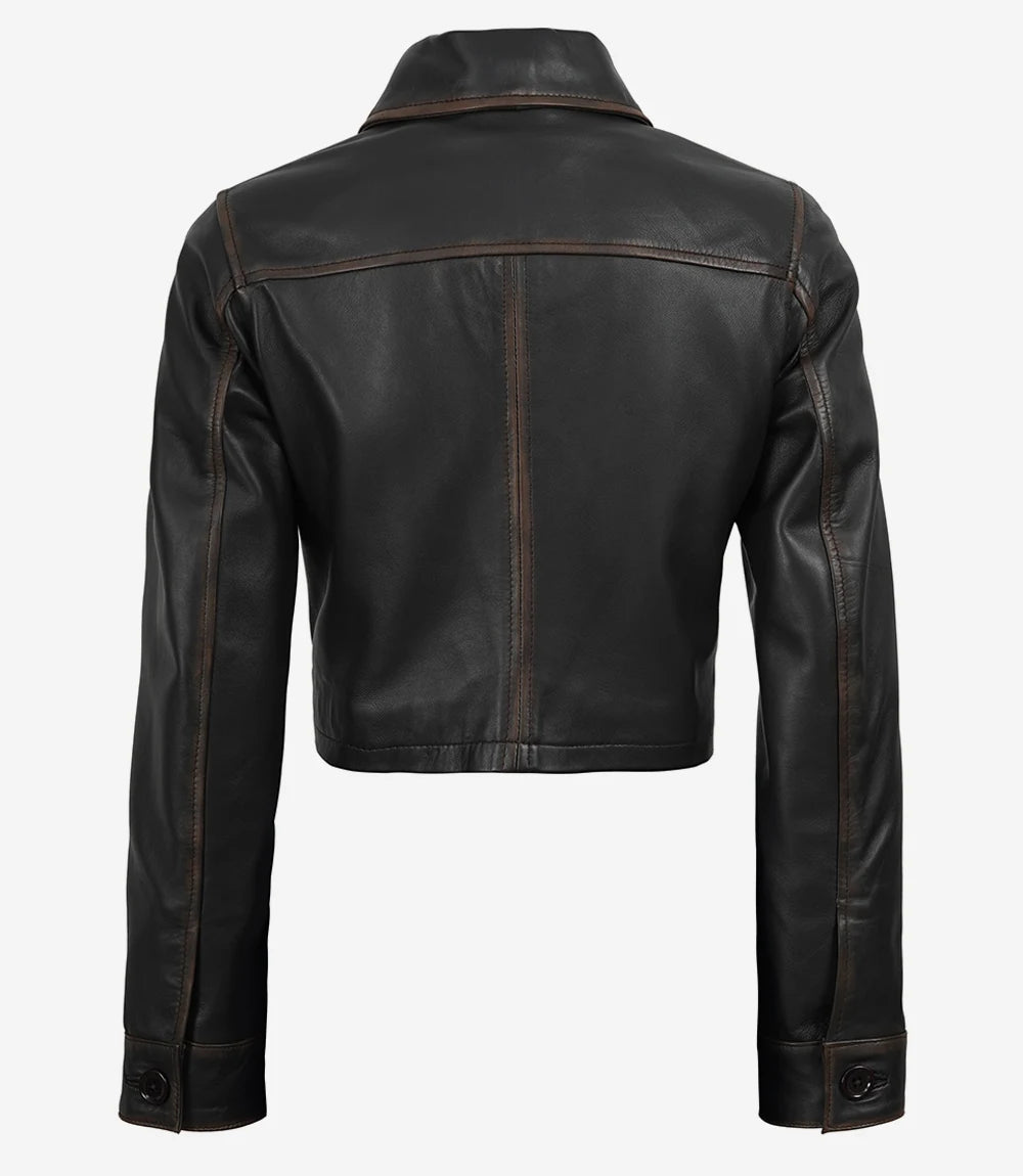 Women's Dark Brown Cropped Harrington Leather Jacket - Image 4