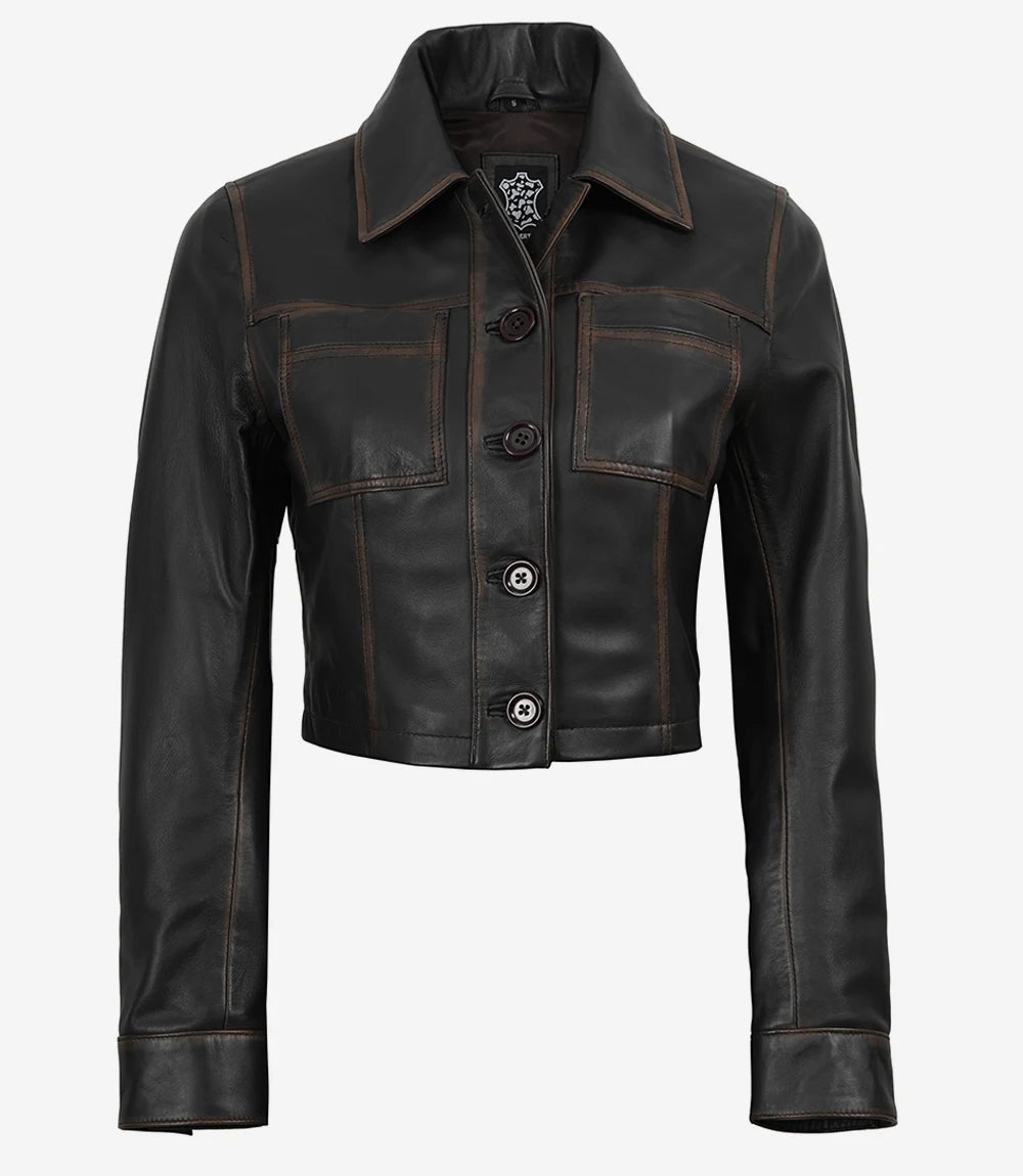 Women's Dark Brown Cropped Harrington Leather Jacket - Image 3
