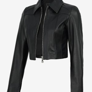 Women's Black Cropped Lambskin Harrington Jacket