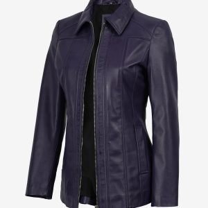 Women's Purple 3/4 Length Lambskin Coat with Shirt Collar