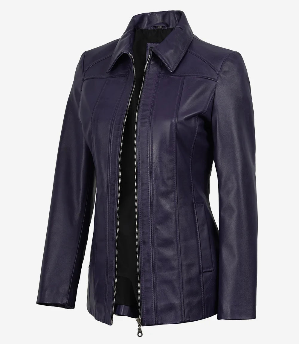 Women's Purple 3/4 Length Lambskin Coat with Shirt Collar
