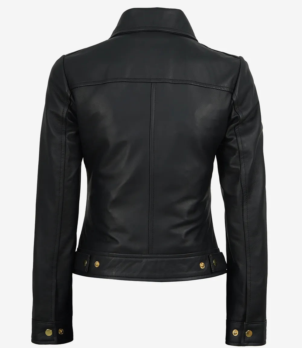 Women's Black Lambskin Harrington Jacket — Gold Hardware & Accents - Image 2