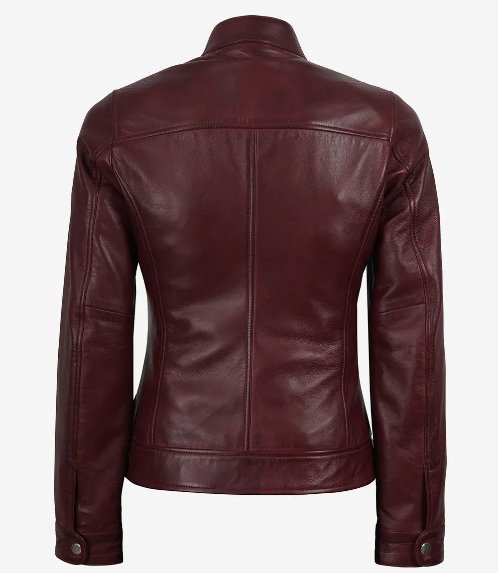 Women's Burgundy Wax Lambskin Cafe Racer Jacket - Image 2