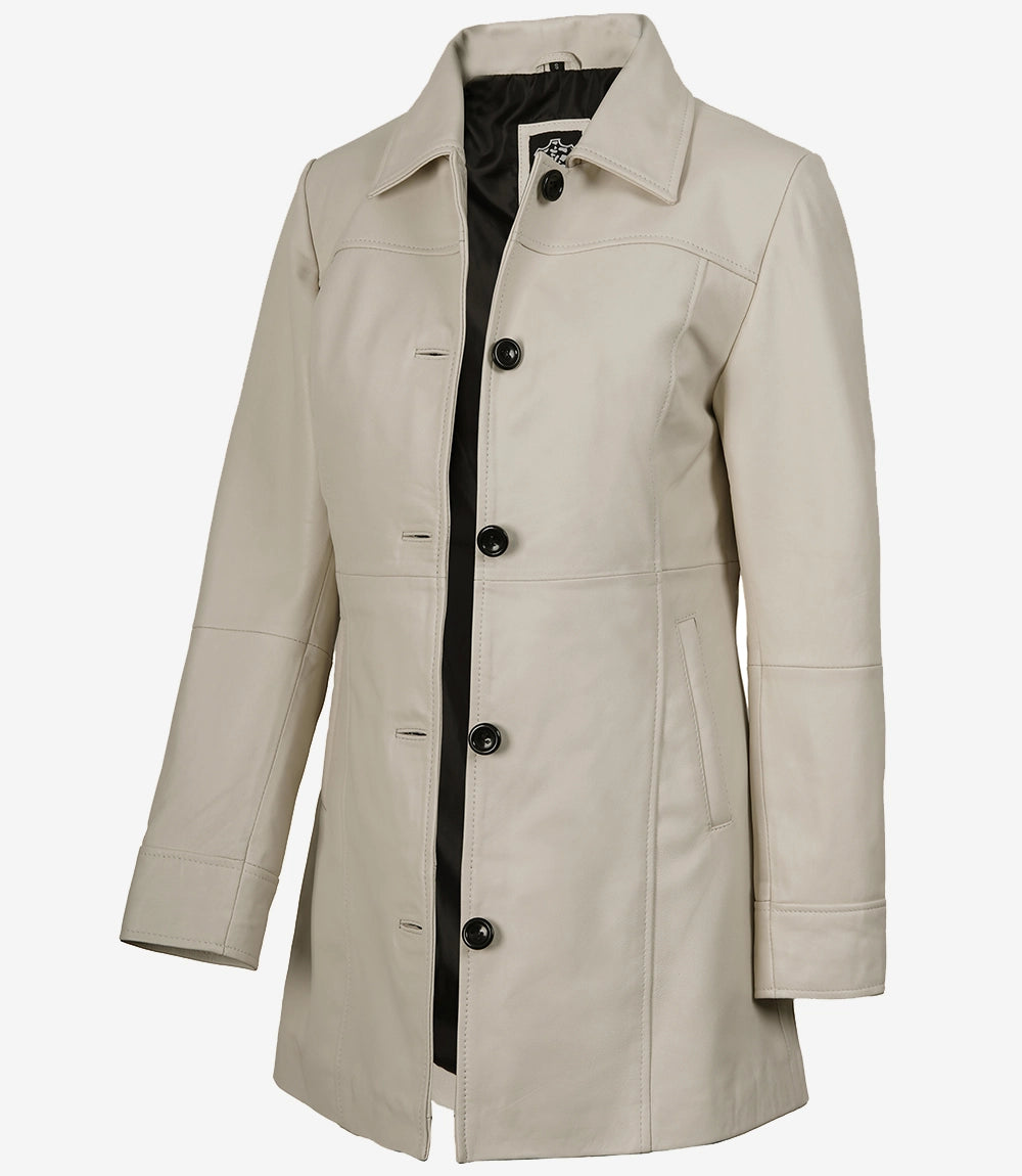 Women's Off-White Lambskin 3/4 Length Car Coat